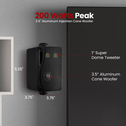 3.5'' Indoor/Outdoor Wall Mount Speakers Aluminum Woofer, 200W, Black