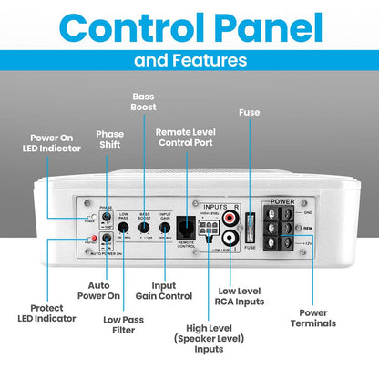 8" 600W Marine Subwoofer System - Slim Design, Built-in Amp, Silver