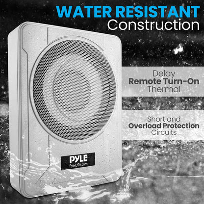 8" 600W Marine Subwoofer System - Slim Design, Built-in Amp, Silver