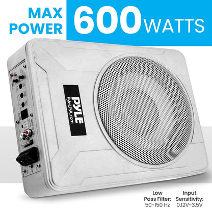8" 600W Marine Subwoofer System - Slim Design, Built-in Amp, Silver