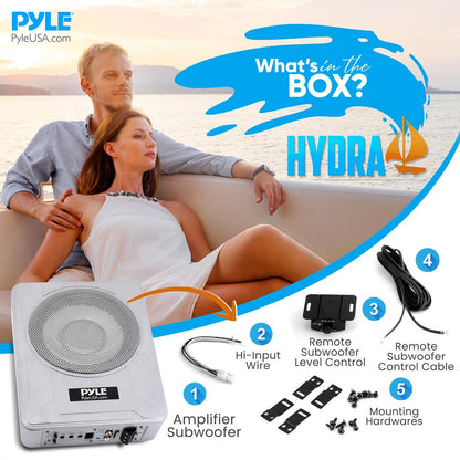 8" 600W Marine Subwoofer System - Slim Design, Built-in Amp, Silver