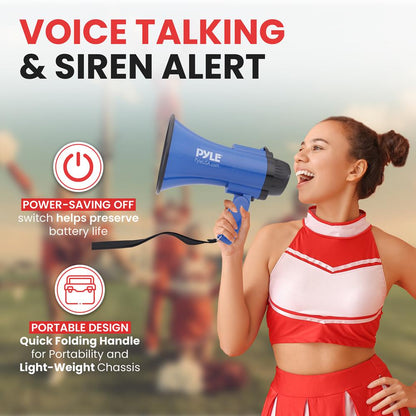 Compact Megaphone with Siren, 30W Power, Foldable Handle, Blue