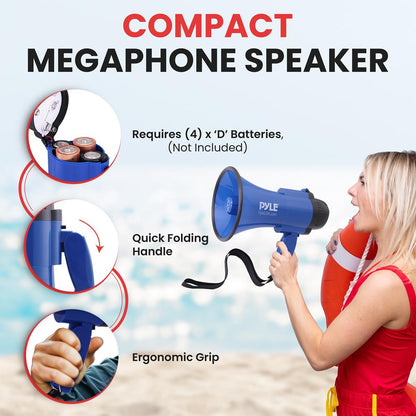 Compact Megaphone with Siren, 30W Power, Foldable Handle, Blue