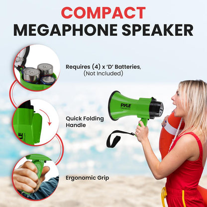 Compact Megaphone with Siren, 30W Power, Foldable Handle, Green