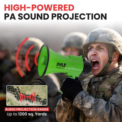 Compact Megaphone with Siren, 30W Power, Foldable Handle, Green
