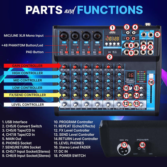 8-Ch Bluetooth Pro Audio DJ Sound Mixer