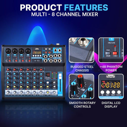 8-Ch Bluetooth Pro Audio DJ Sound Mixer